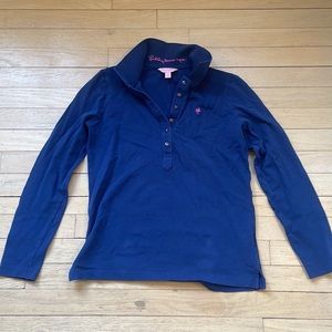 Lilly Pulitzer Navy Long Sleeve Polo Shirt with Pink Palm Tree 🌴